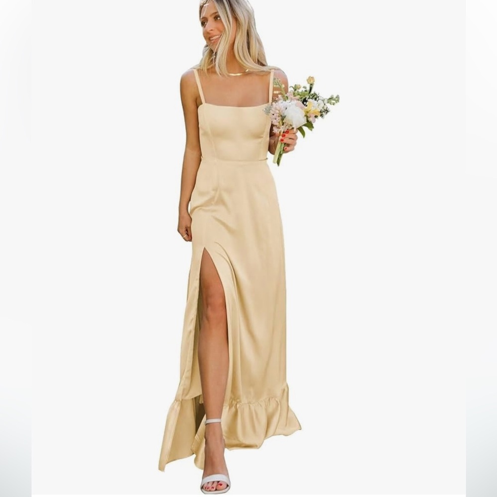 Spaghetti Strap Bridesmaid Dresses, Long Satin Ruffle Formal Dress with Slit